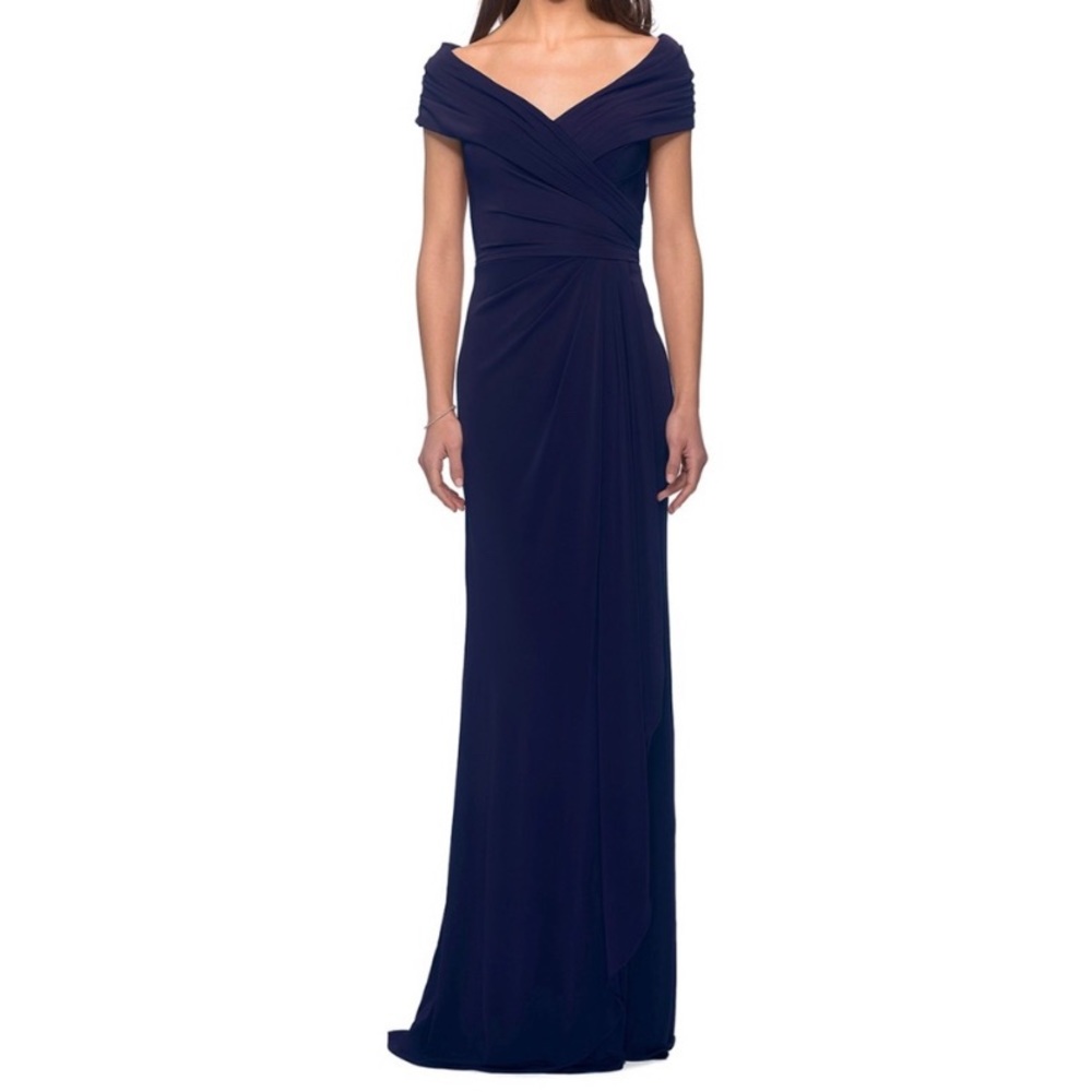 La Femme 26519 Off Shoulder V Neck Long Sheath Jersey Gown Dress Navy Blue Sz 10